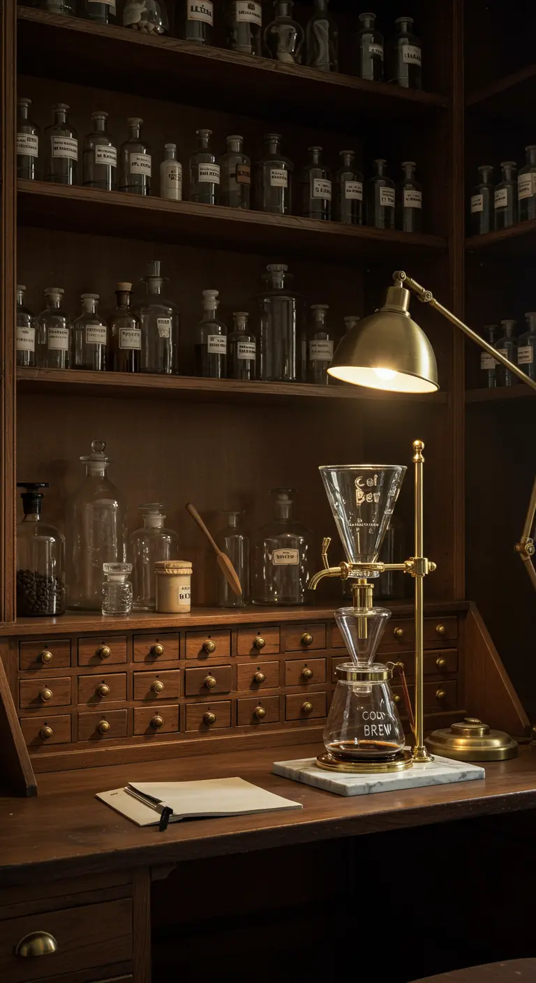 Escritorio de boticario con cajones pequeños y una cafetera de goteo en frío.