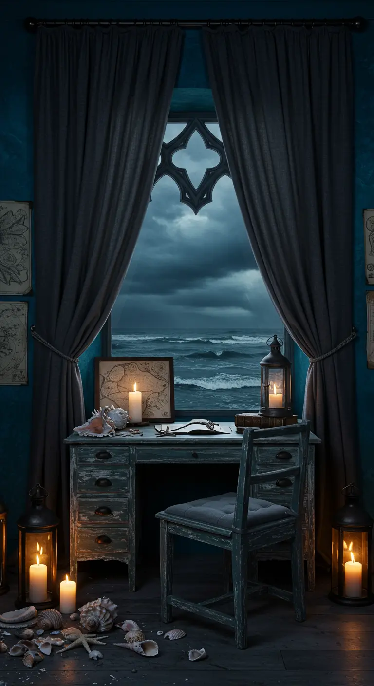 Escritorio desgastado frente a una ventana con vistas a un mar tormentoso.