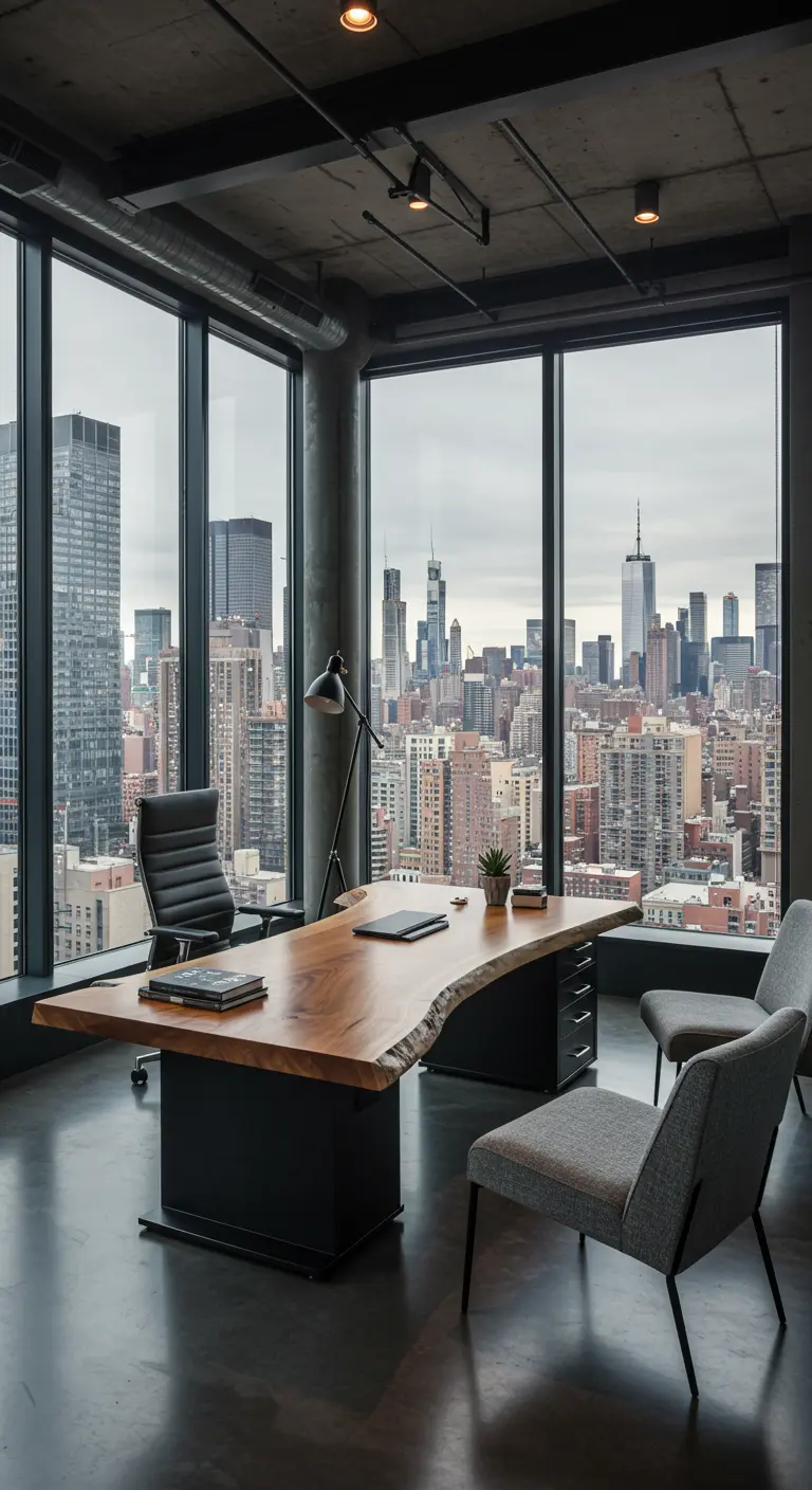 Oficina de lujo con vistas a la ciudad, un gran escritorio de madera natural y columnas de hormigón.