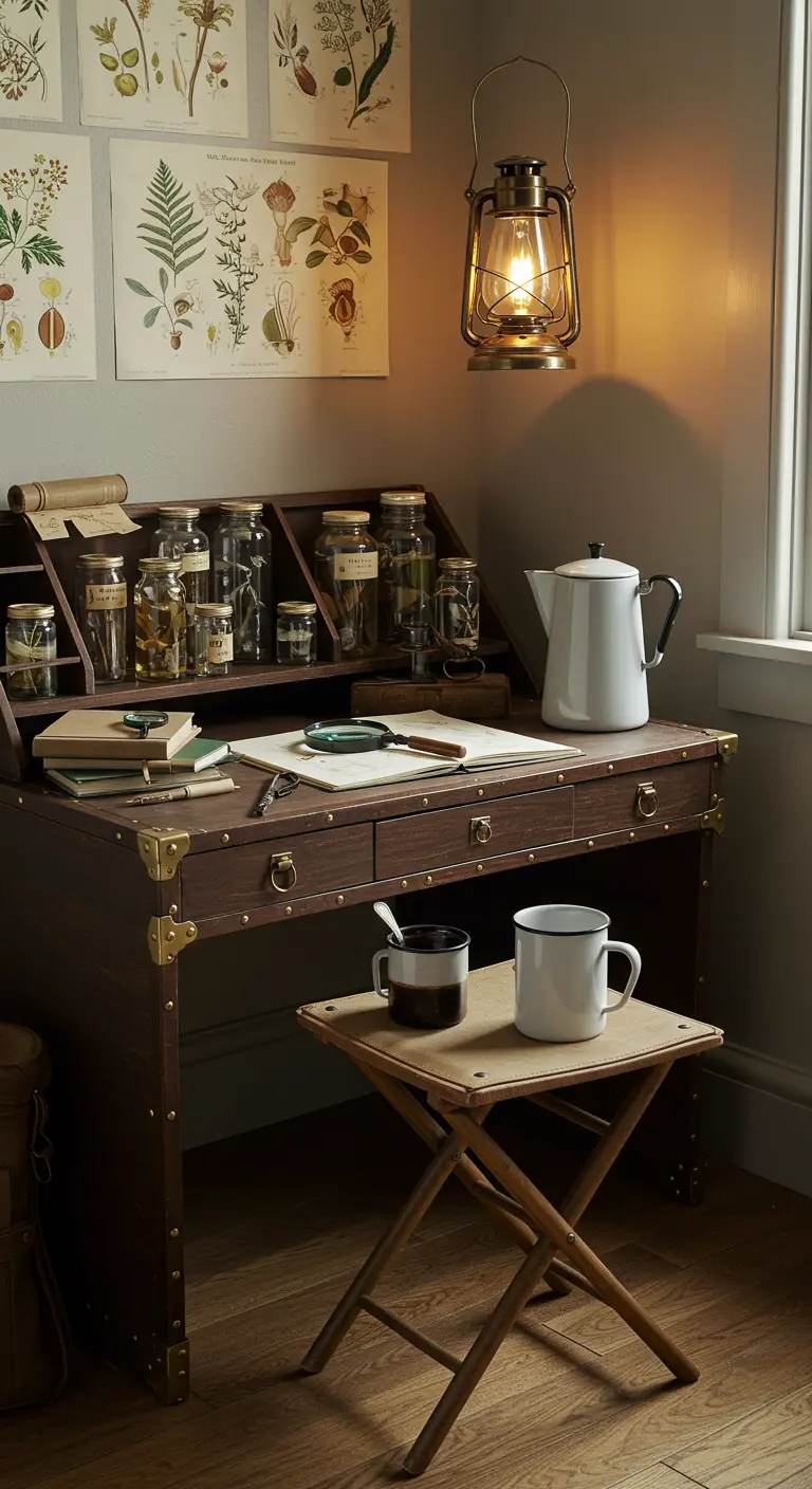 Escritorio de campaña con herrajes de latón, ilustraciones botánicas y un farol.