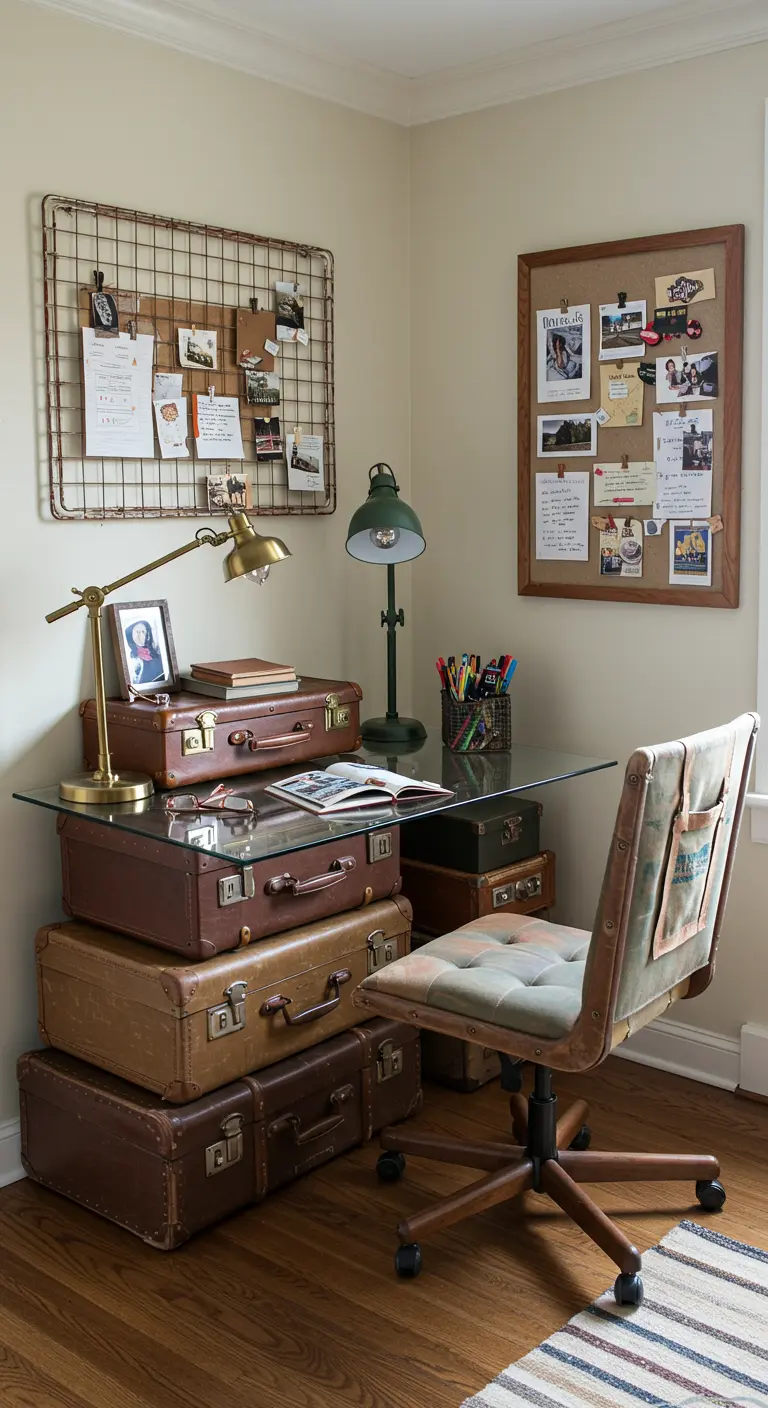 Escritorio creativo con una base hecha de maletas vintage apiladas y un tablero de cristal.