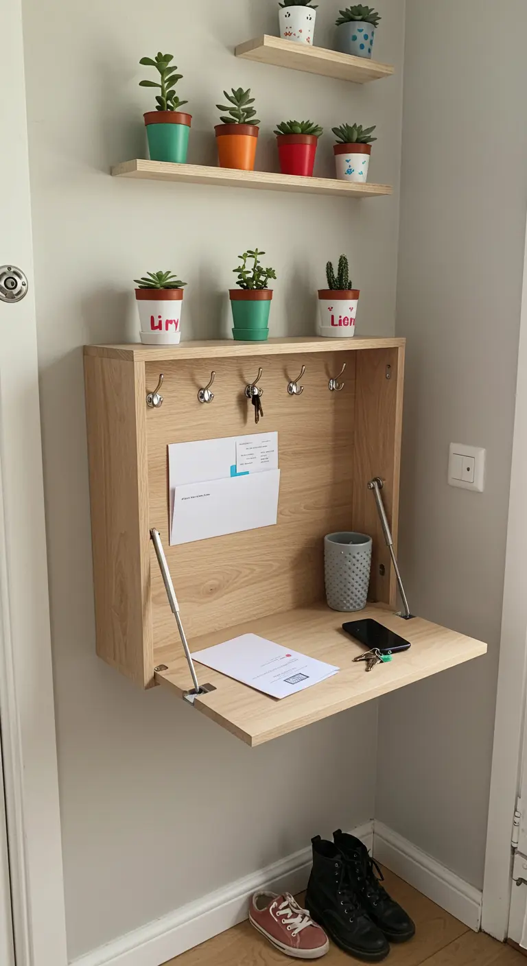Organizador de pared de madera que se despliega como un pequeño escritorio para el recibidor.