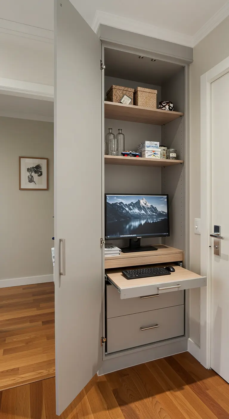 Armario estrecho y alto con una balda extraíble para el teclado, optimizando un espacio pequeño.