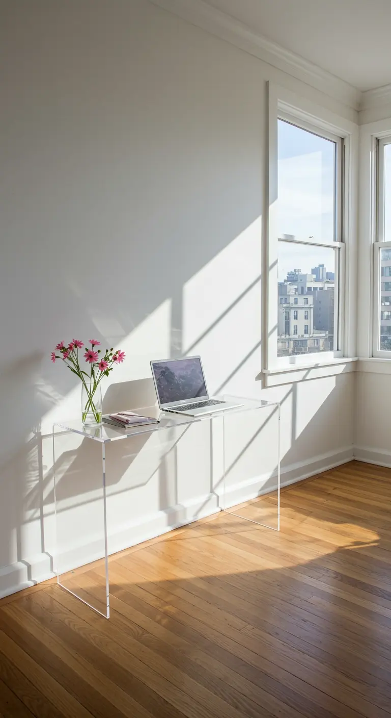 Escritorio de acrílico transparente junto a una ventana luminosa.
