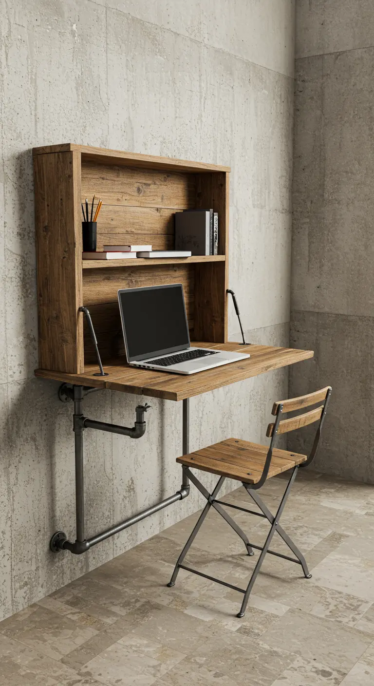 Escritorio de madera rústica plegable anclado a una pared de hormigón con silla a juego.