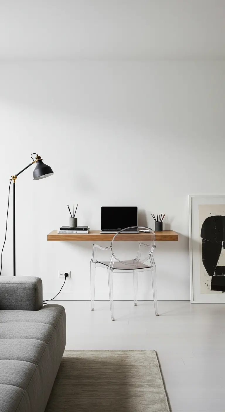 Escritorio flotante de madera minimalista con una silla transparente en una pared blanca.