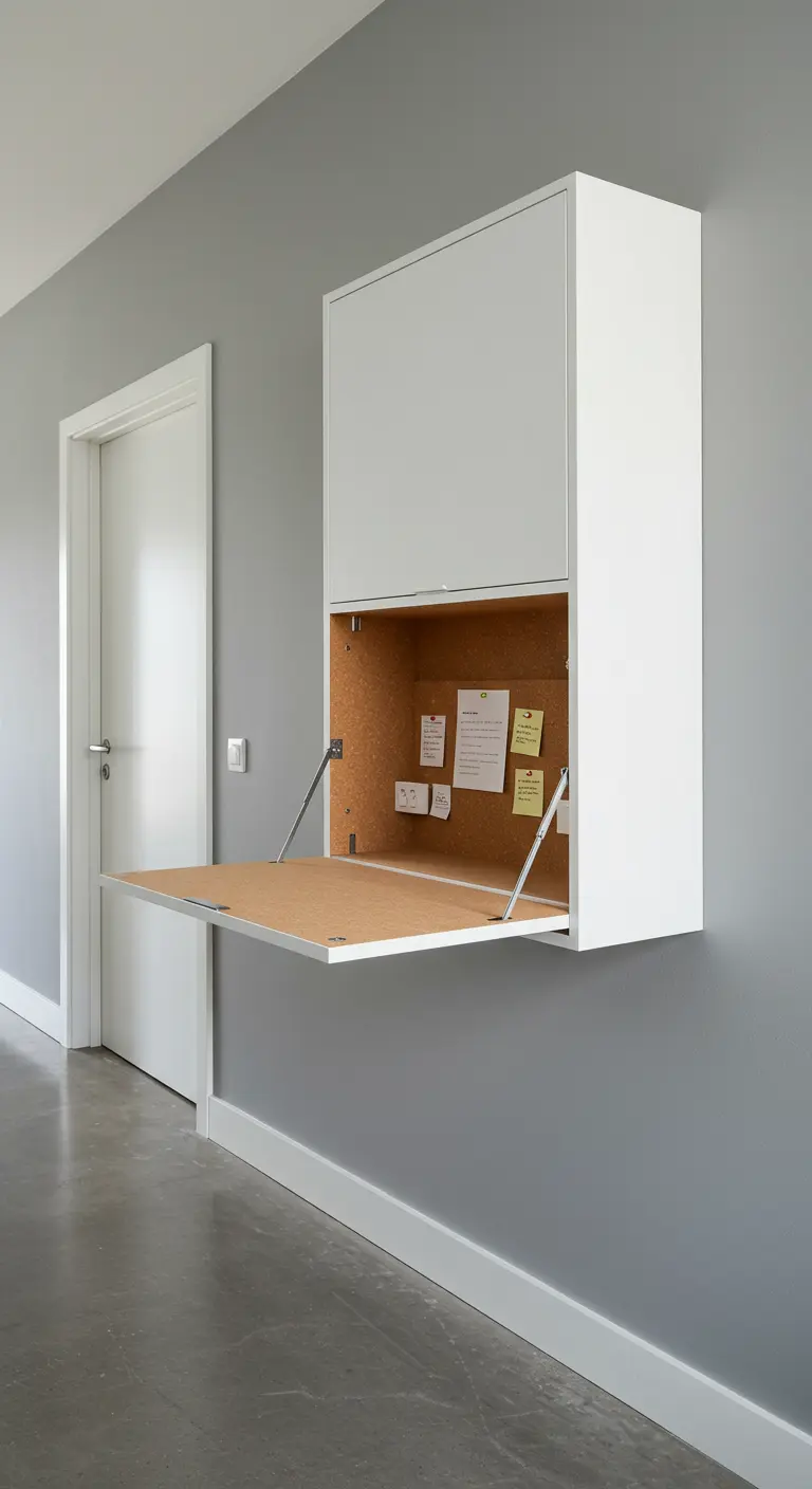 Mueble de pared blanco y minimalista que se abre como un escritorio con fondo de corcho.