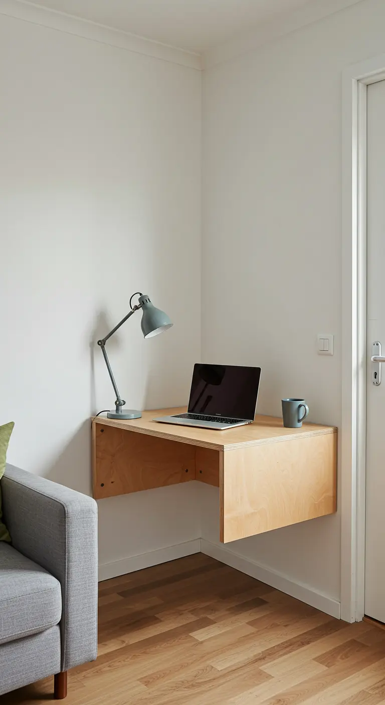 Escritorio esquinero flotante de madera contrachapada en la esquina de una sala de estar.