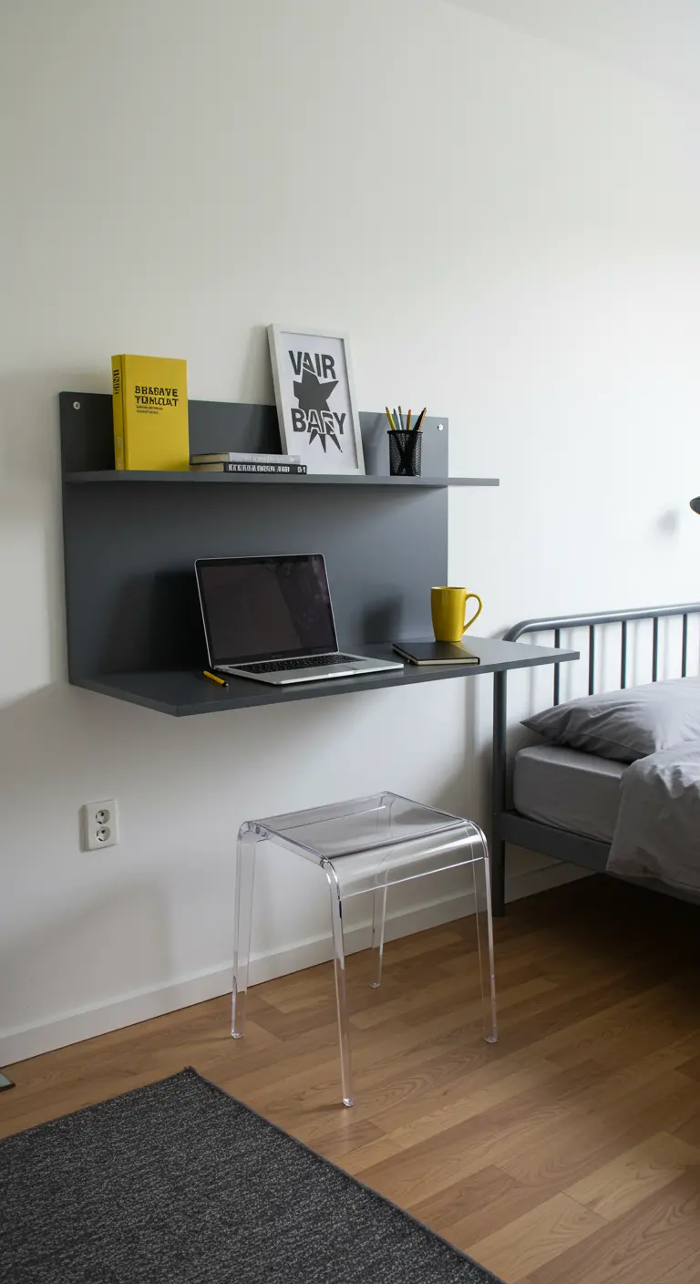 Estantería flotante gris oscuro usada como escritorio minimalista con una silla transparente.