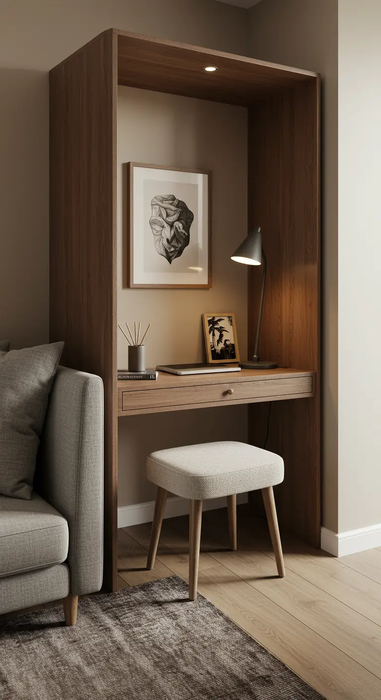 Escritorio de madera integrado en un mueble con una silla tapizada y una lámpara de lectura.