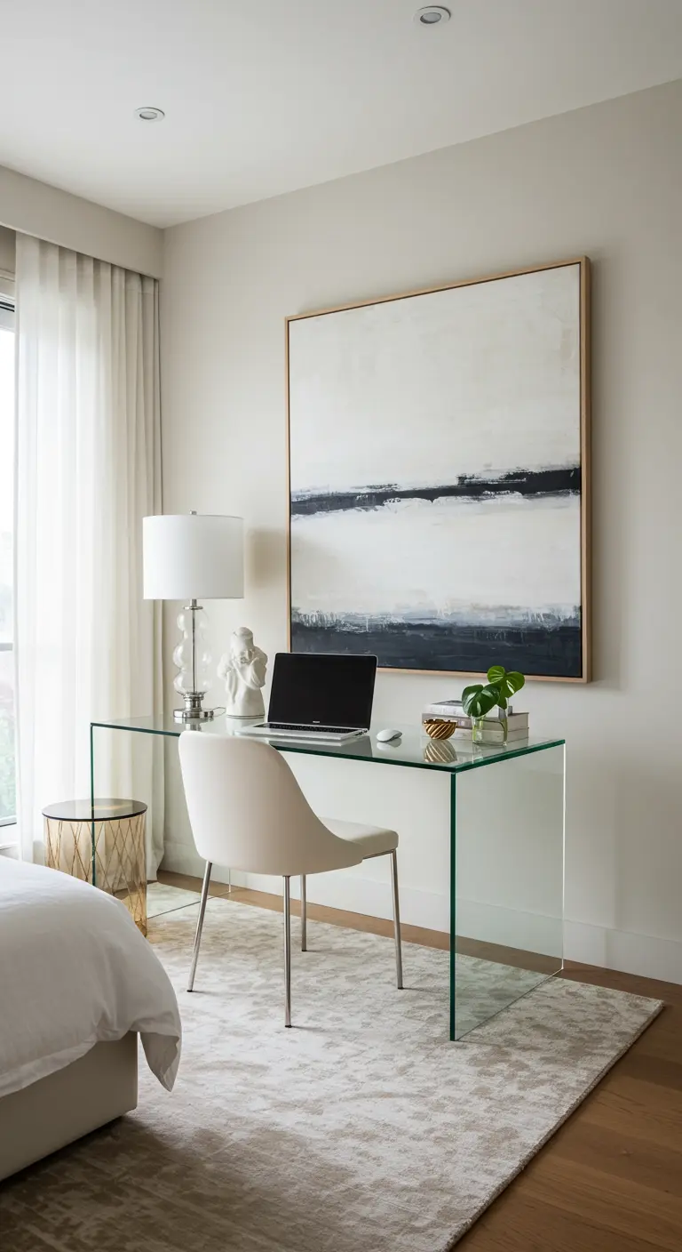 Escritorio de cristal transparente con una silla blanca y una gran obra de arte abstracto.