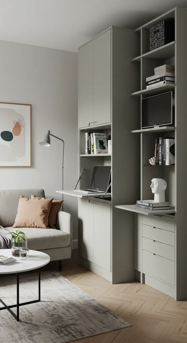 Mueble de salón gris con un escritorio plegable integrado que se despliega.