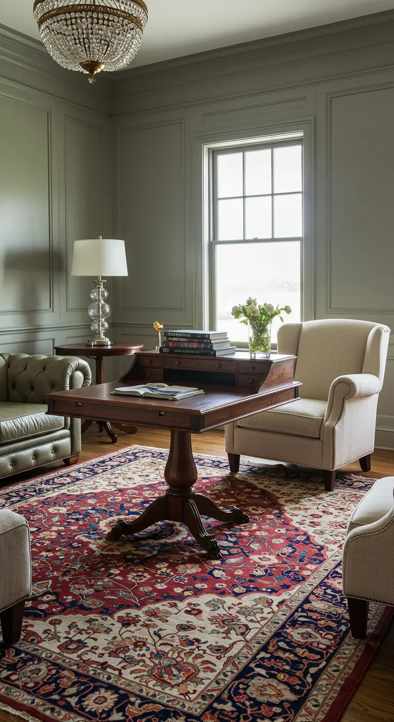 Escritorio de pedestal de estilo neoclásico en el centro de un salón con molduras.