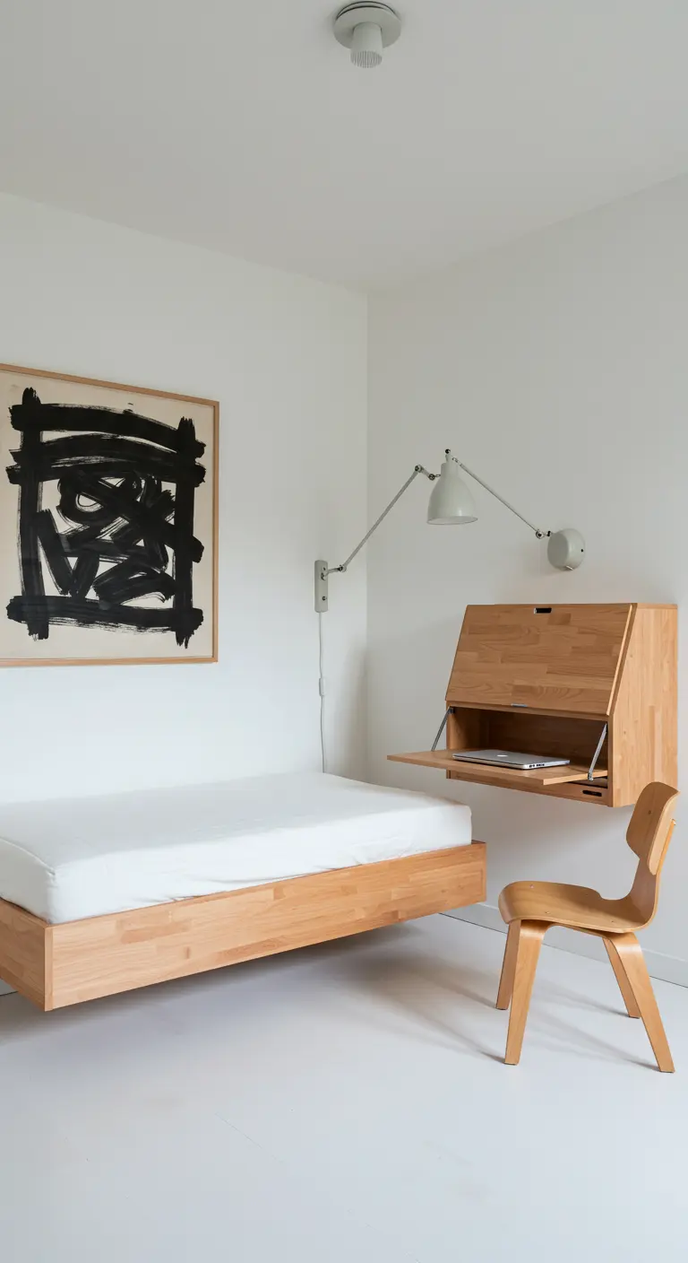 Dormitorio minimalista con una cama baja de madera y un escritorio de pared abatible.