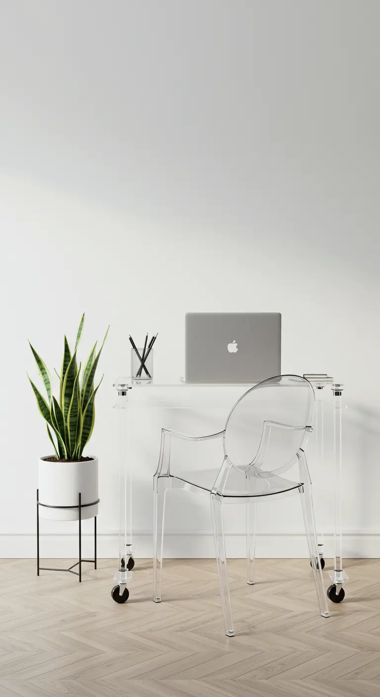 Escritorio rodante de acrílico transparente con silla a juego y una planta sansevieria