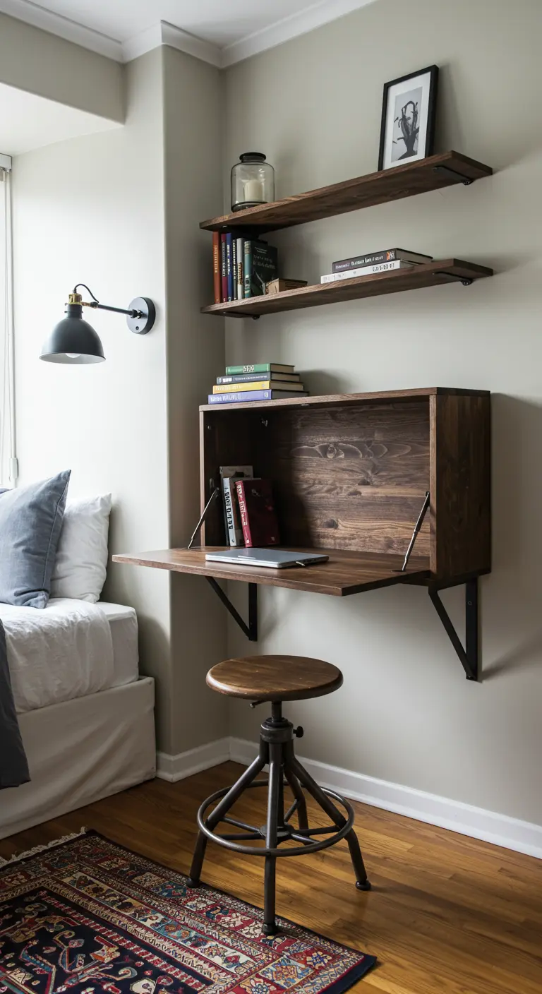 Escritorio de pared abatible de madera, mostrando su interior al abrirse.