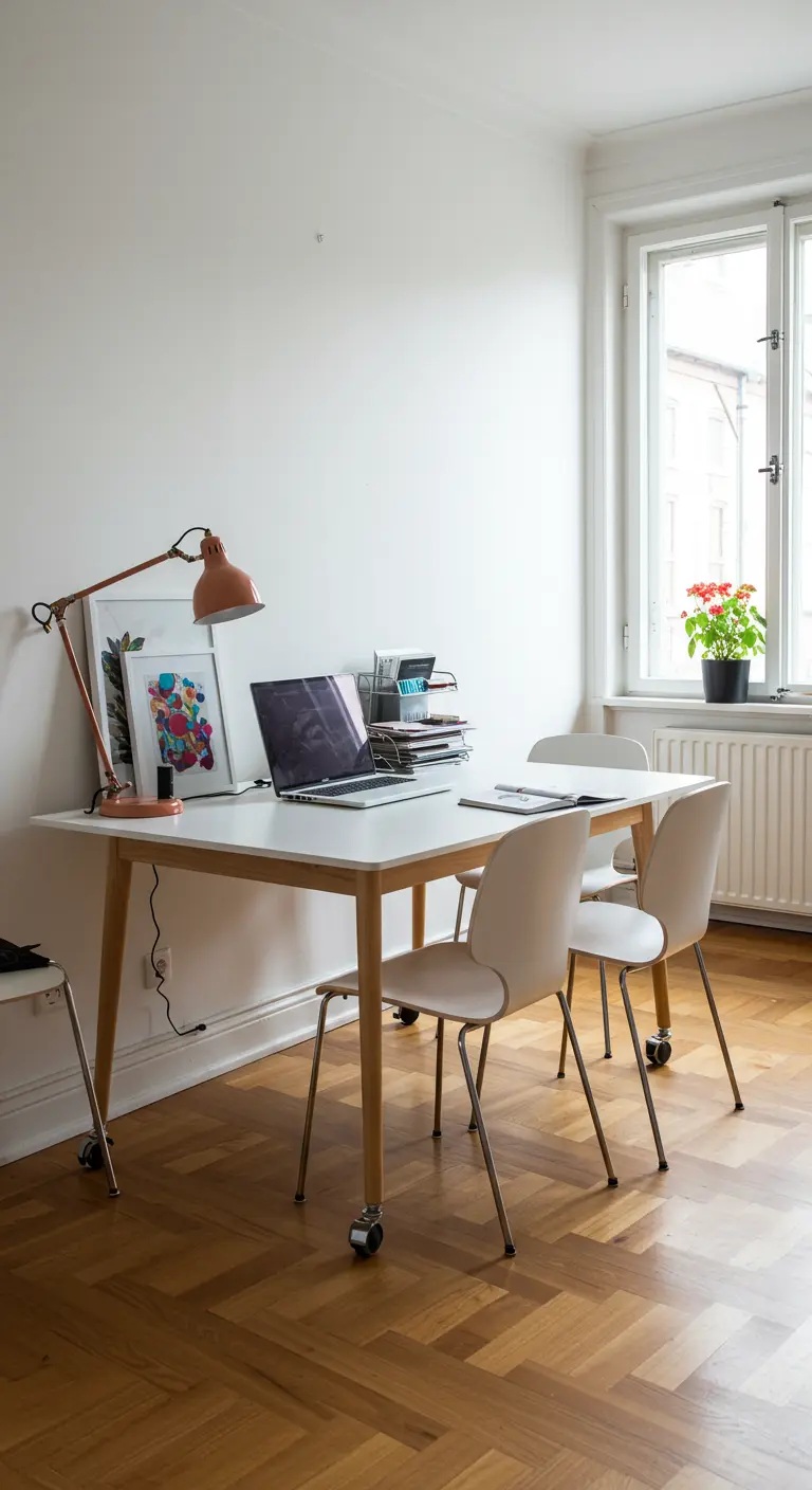 Escritorio blanco con patas de madera y ruedas, usado como espacio de trabajo en un comedor.