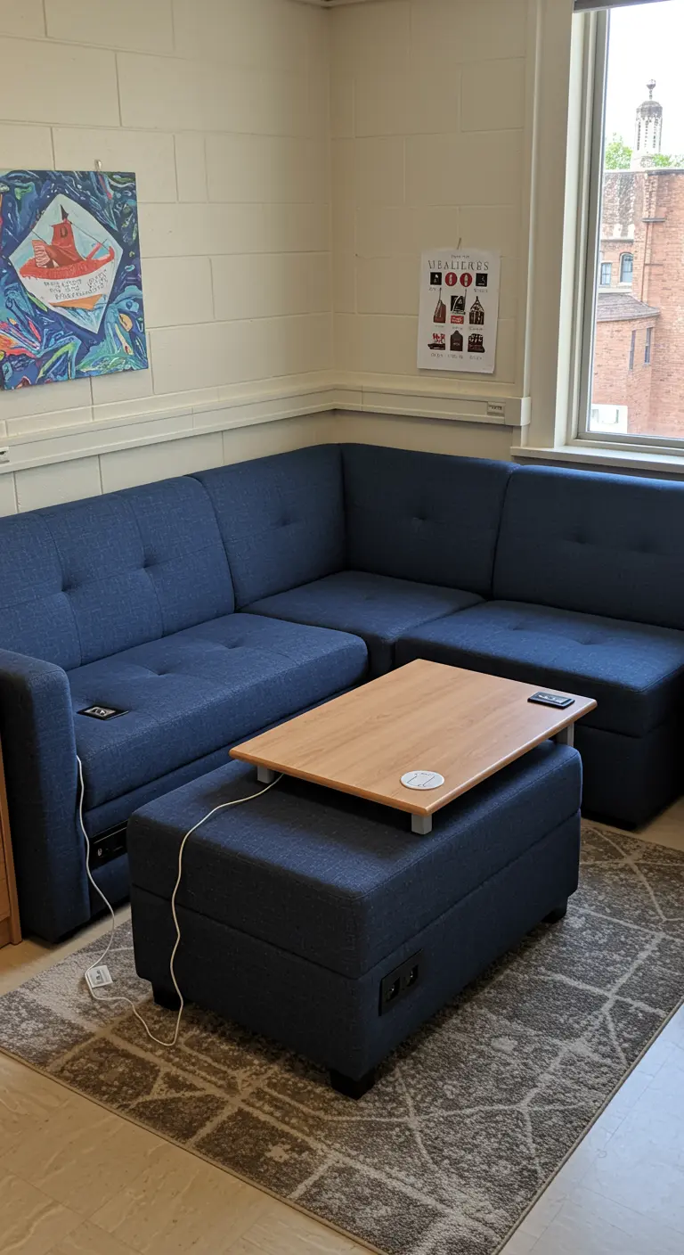 Sofá modular azul en una habitación de residencia, con una otomana usada como escritorio improvisado.