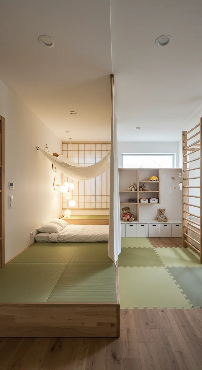 Habitación dividida por una cortina, con zona de dormir y zona de juegos con espaldera.