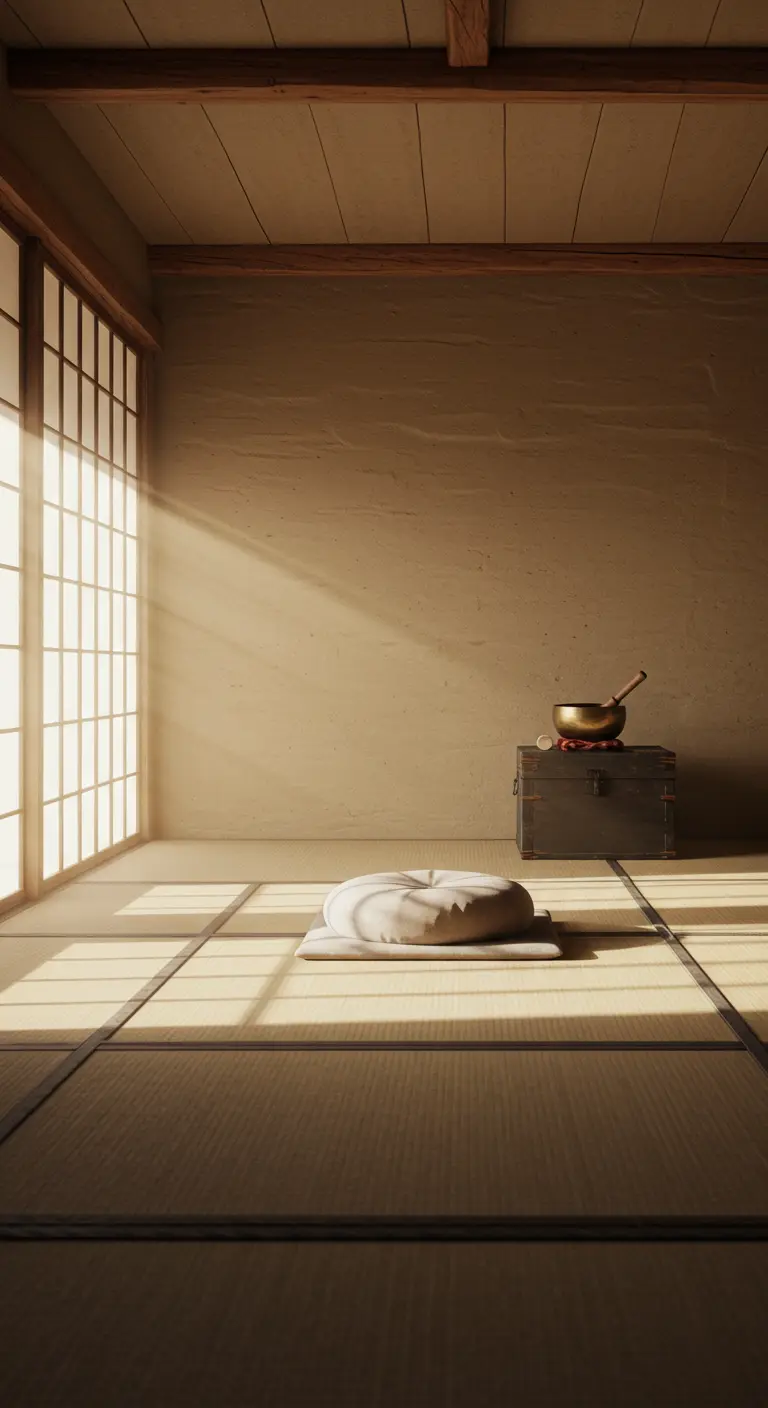 Habitación de meditación minimalista con suelo de tatami y un cojín zafu.