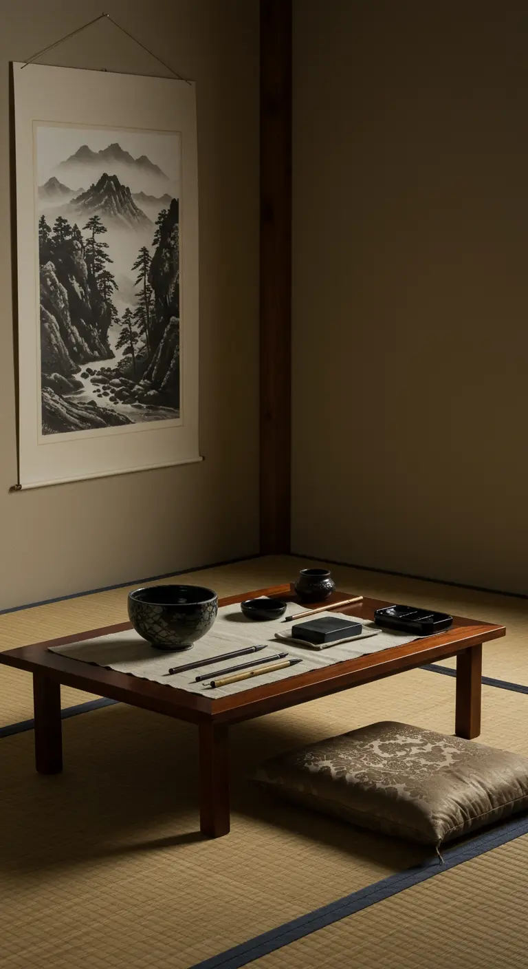 Espacio de arte de inspiración japonesa con una mesa baja, cojín en el suelo y un pergamino colgado.