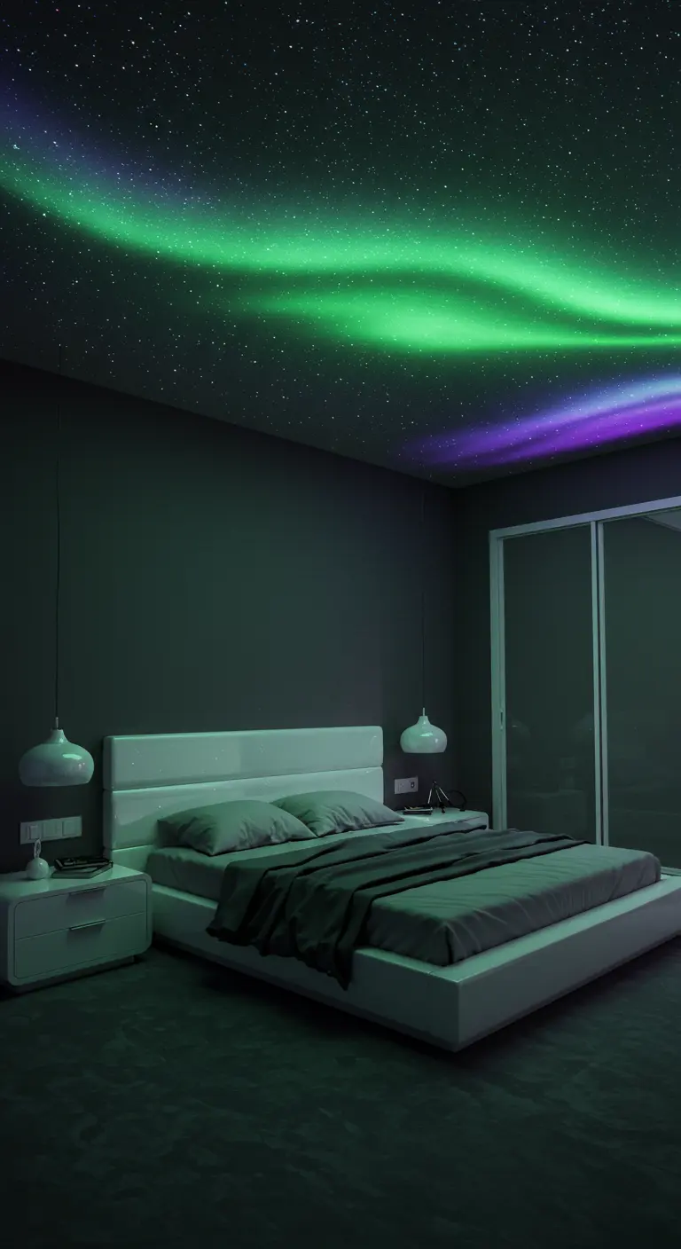 Dormitorio moderno con un proyector que crea una aurora boreal verde y púrpura en el techo.