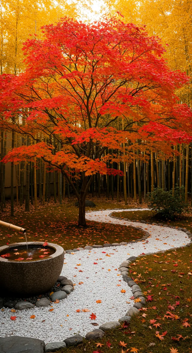 Jardín zen en otoño con un arce japonés de hojas rojas, un sendero de grava y una fuente de piedra.