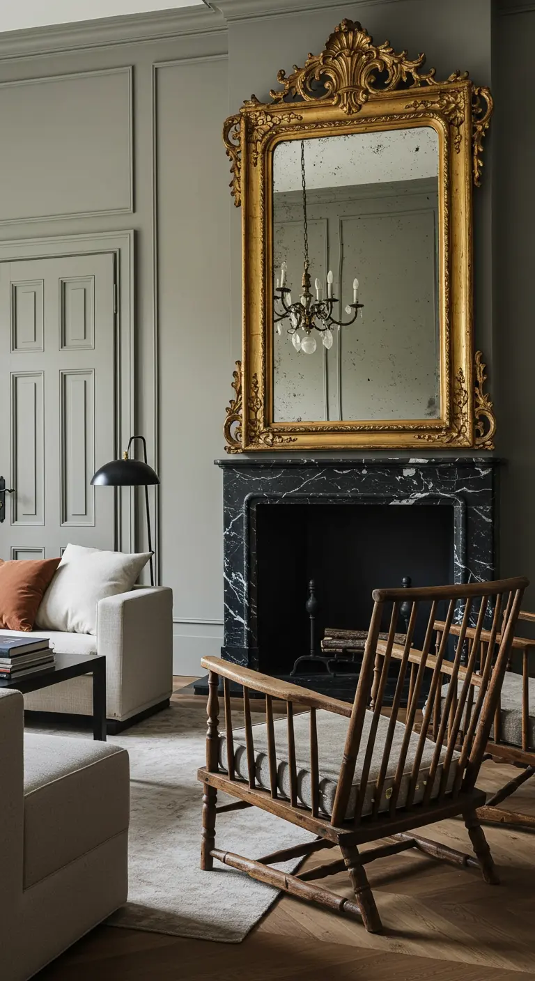 Sala elegante con chimenea de mármol negro y un gran espejo dorado de estilo barroco.