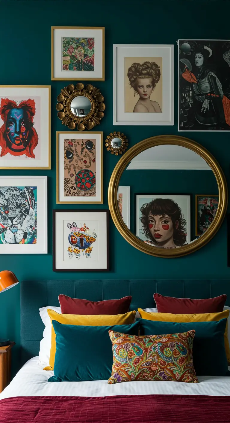 Galería de arte en pared turquesa con un espejo redondo dorado como pieza central sobre la cama.