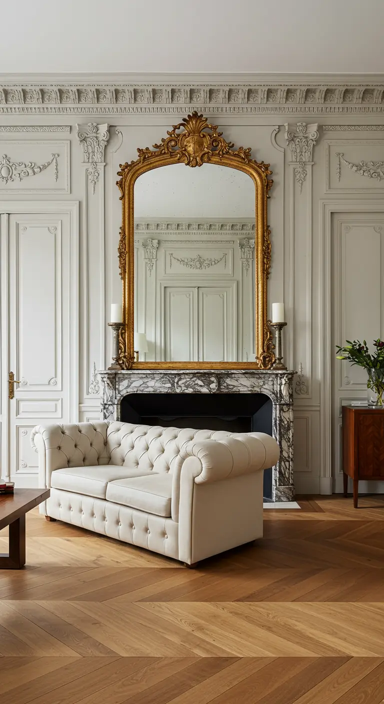 Sala de estar de estilo parisino con un gran espejo dorado sobre una chimenea de mármol