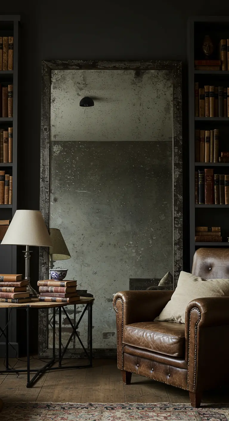 Espejo de cuerpo entero muy envejecido apoyado entre dos estanterías en un salón oscuro