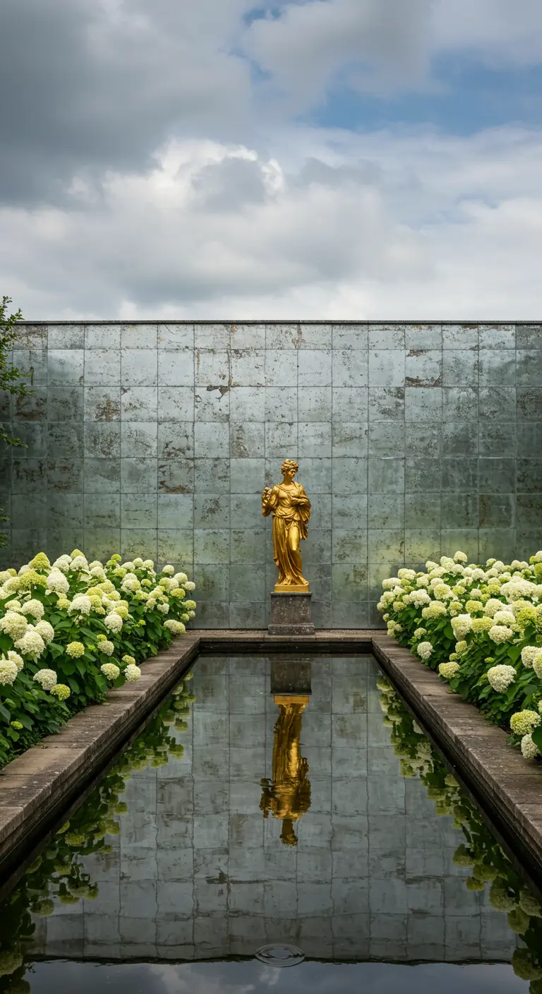 Jardín formal con un estanque rectangular flanqueado por hortensias, y una pared de espejos envejecidos.