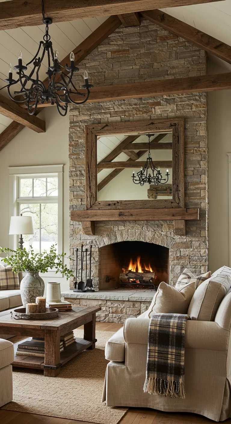 Espejo con un robusto marco de madera rústica sobre una chimenea de piedra en un salón acogedor
