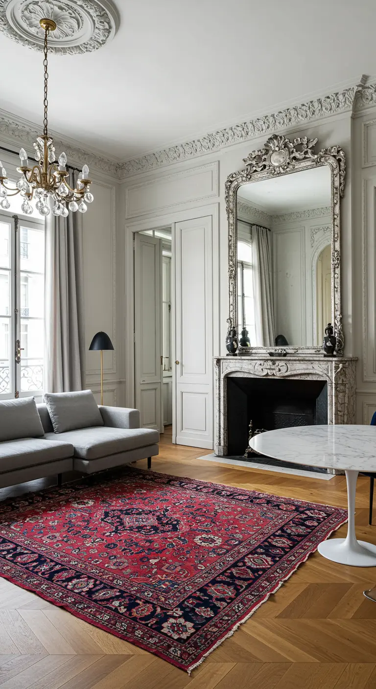 Sala con un gran espejo de marco plateado, sofá gris y una vibrante alfombra persa roja.