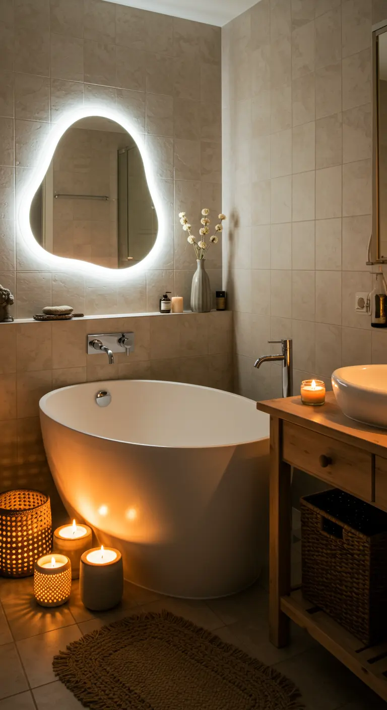Baño con espejo de forma irregular retroiluminado, creando un halo de luz en la pared.