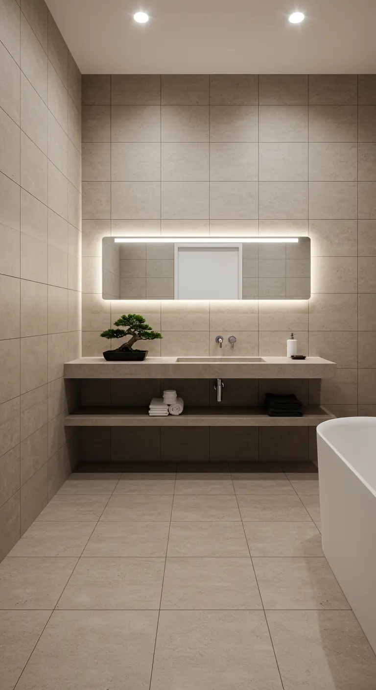 Baño minimalista con un gran espejo retroiluminado y un bonsái sobre la encimera