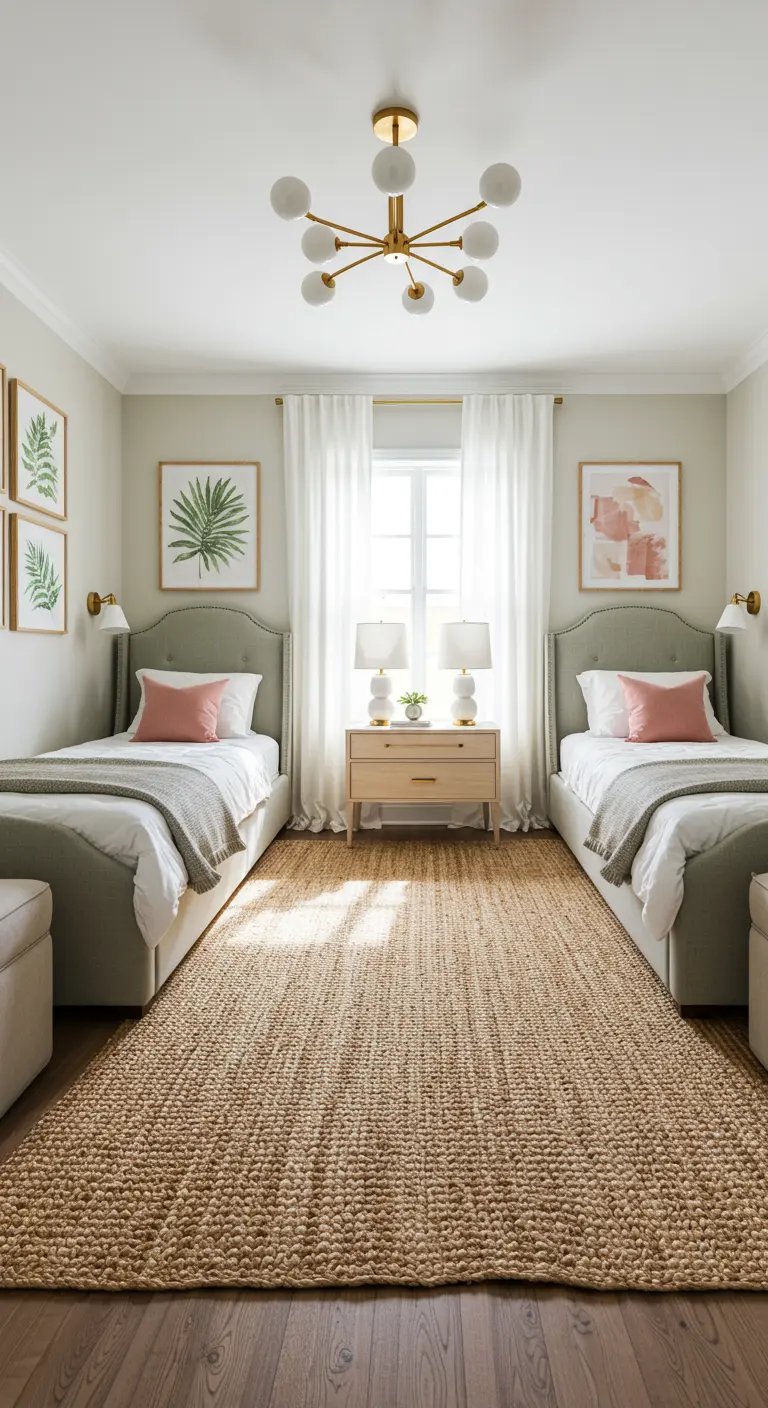 Dormitorio compartido simétrico con camas gemelas, alfombra de yute y detalles en rosa.