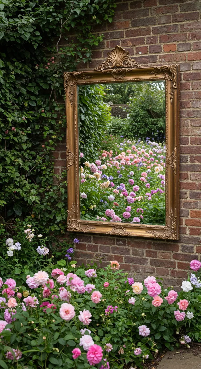 Espejo grande con marco dorado de estilo vintage colgado en una pared de ladrillo en el jardín.