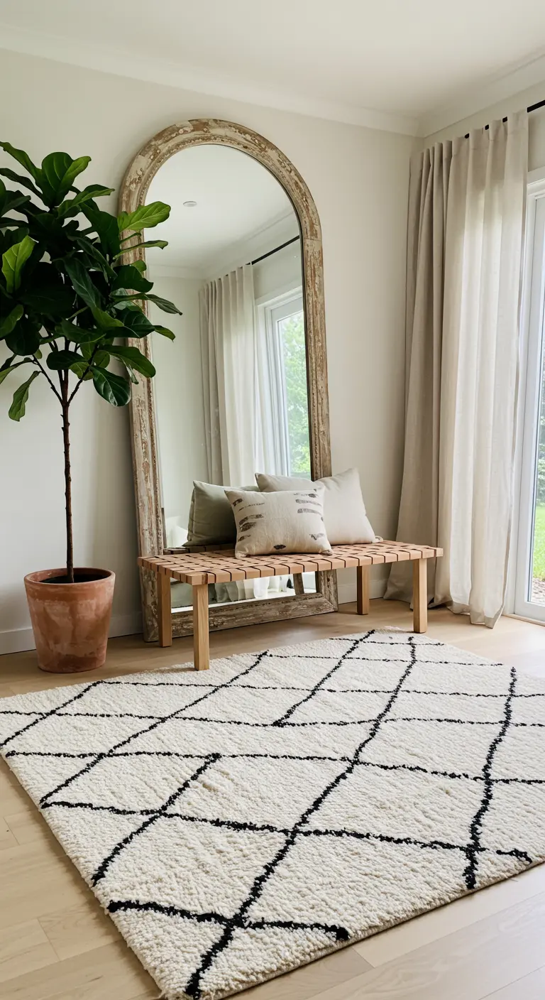 Entrada amplia y luminosa con un gran espejo de arco, alfombra bereber y una planta alta.