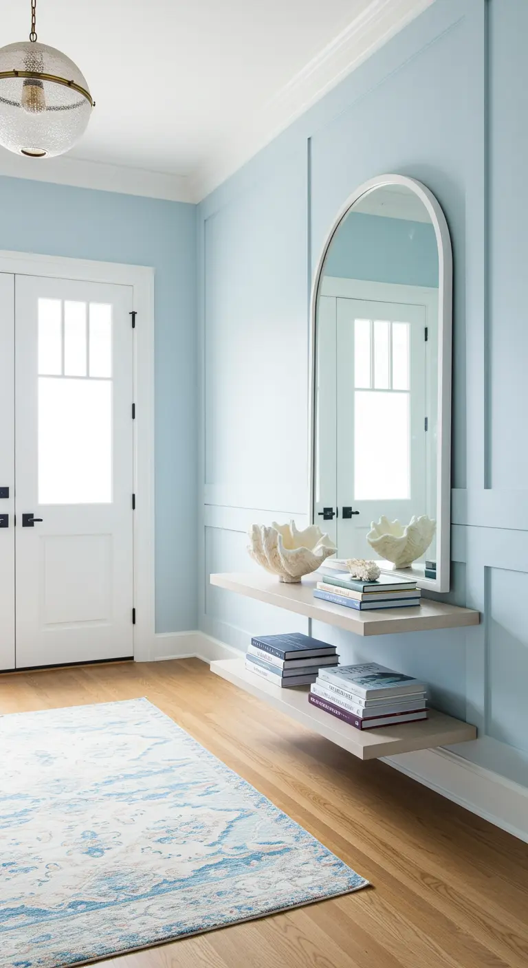 Recibidor azul claro con espejo en arco y estantes flotantes con decoración de coral.