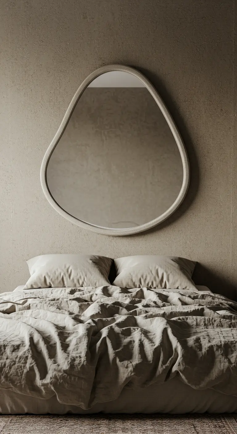 Espejo de forma irregular y orgánica colgado en una pared texturizada sobre una cama con sábanas de lino.