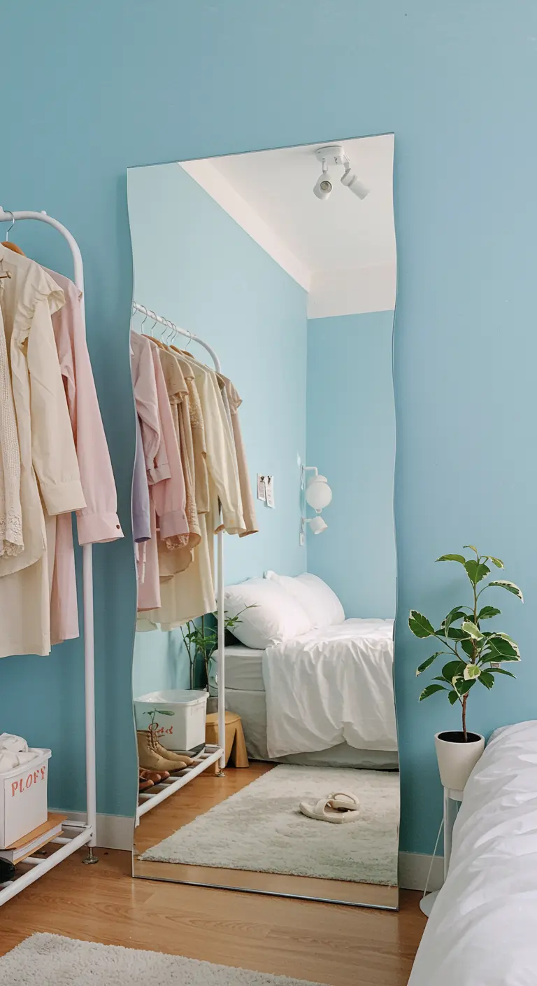 Habitación con paredes azul pastel, un espejo de cuerpo entero con forma ondulada y un perchero.