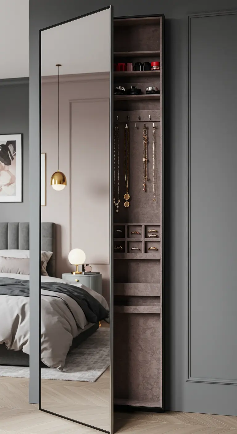 Espejo de cuerpo entero deslizable que revela un joyero oculto en un dormitorio elegante.