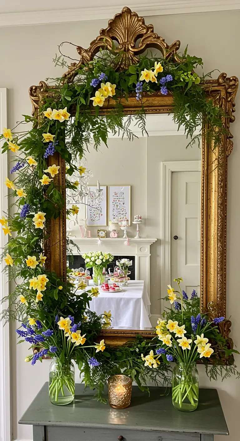 Espejo dorado ornamentado enmarcado con una guirnalda de narcisos y jacintos de uva.