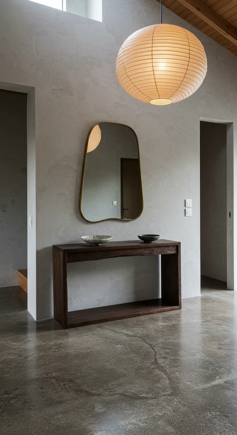 Entrada moderna wabi-sabi con consola oscura, espejo orgánico y lámpara de papel.