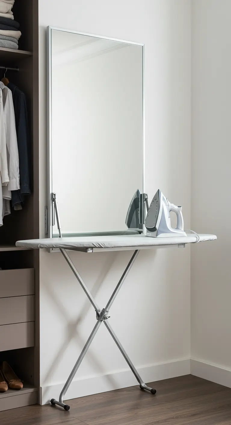 Espejo de pared que se despliega en una tabla de planchar.