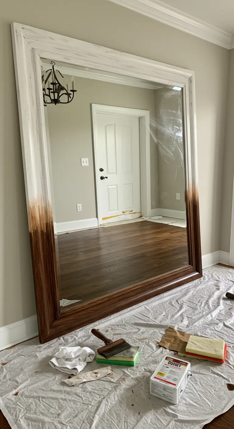 Espejo con un gran marco de madera, con la parte inferior en madera natural y la superior en blanco.