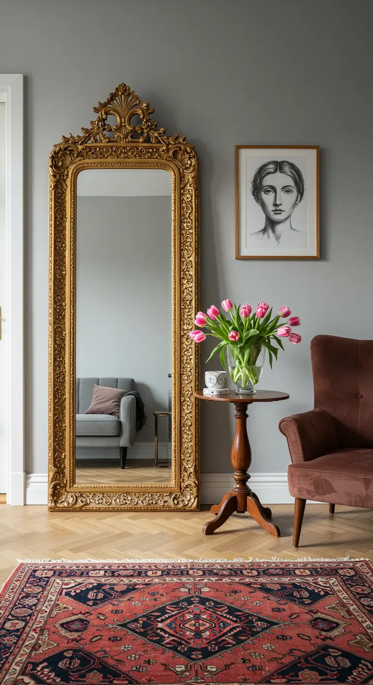 Recibidor con un gran espejo dorado de cuerpo entero apoyado en la pared junto a una butaca.