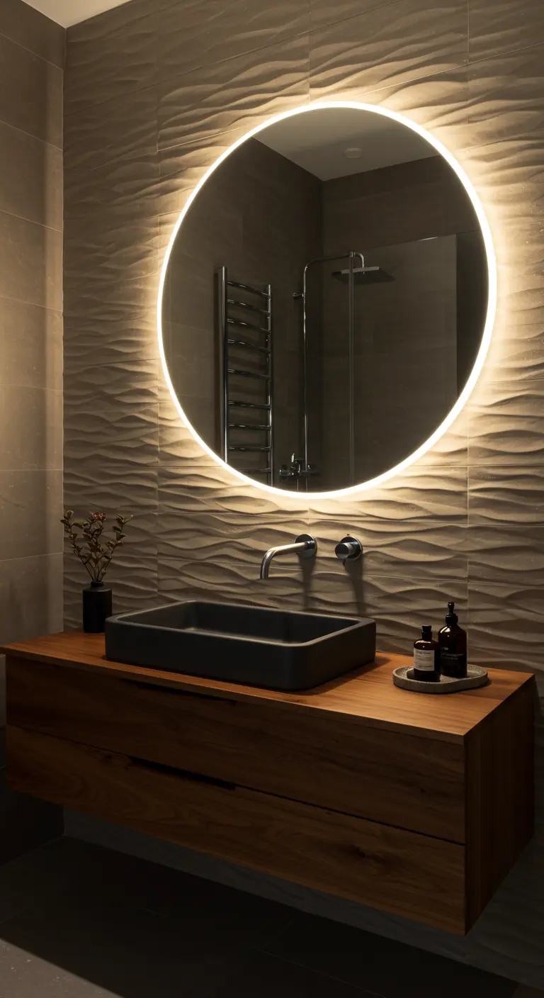 Espejo redondo retroiluminado sobre una pared con textura de ondas y lavabo oscuro