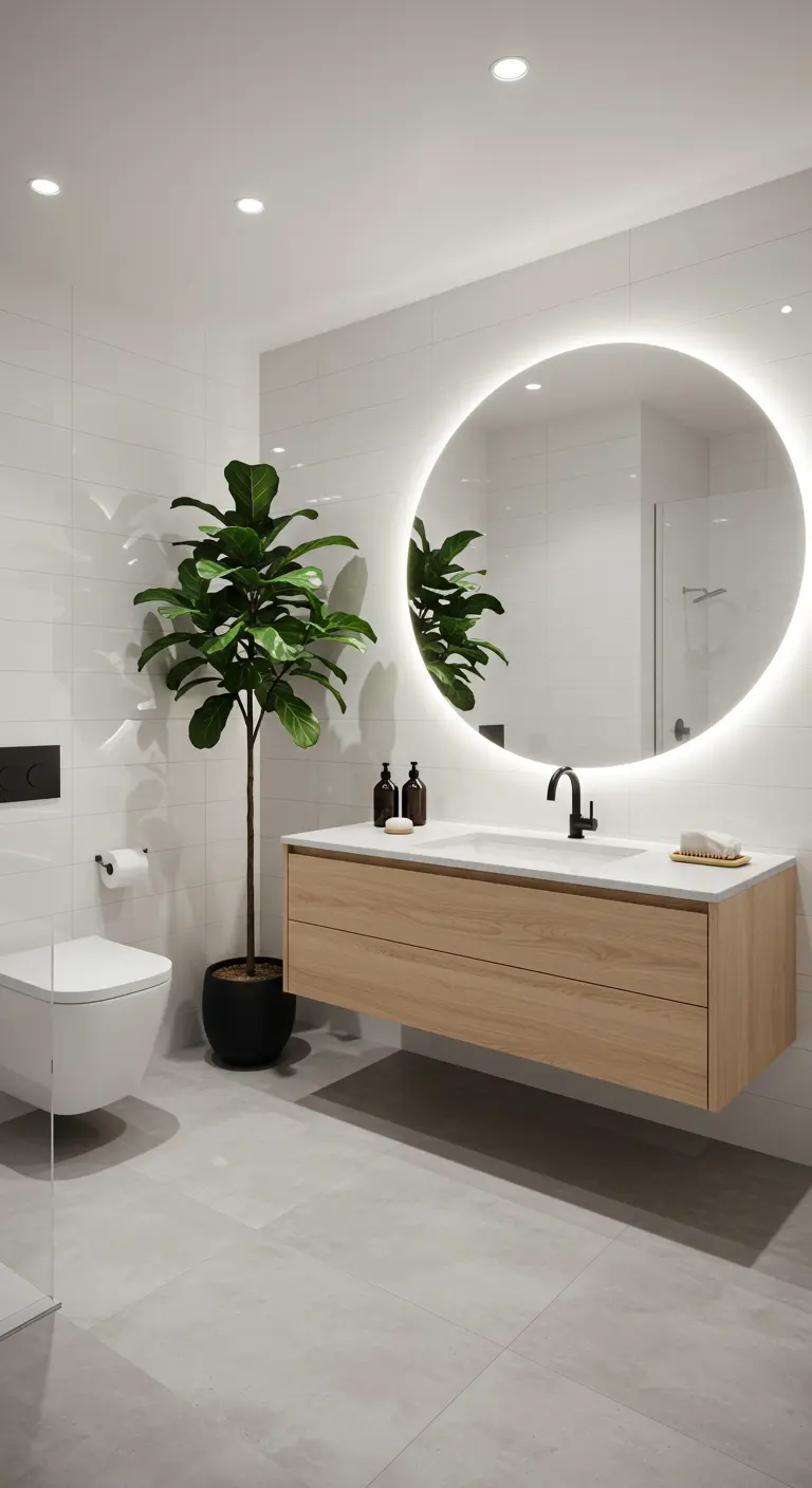 Baño moderno con espejo redondo retroiluminado y mueble de madera flotante